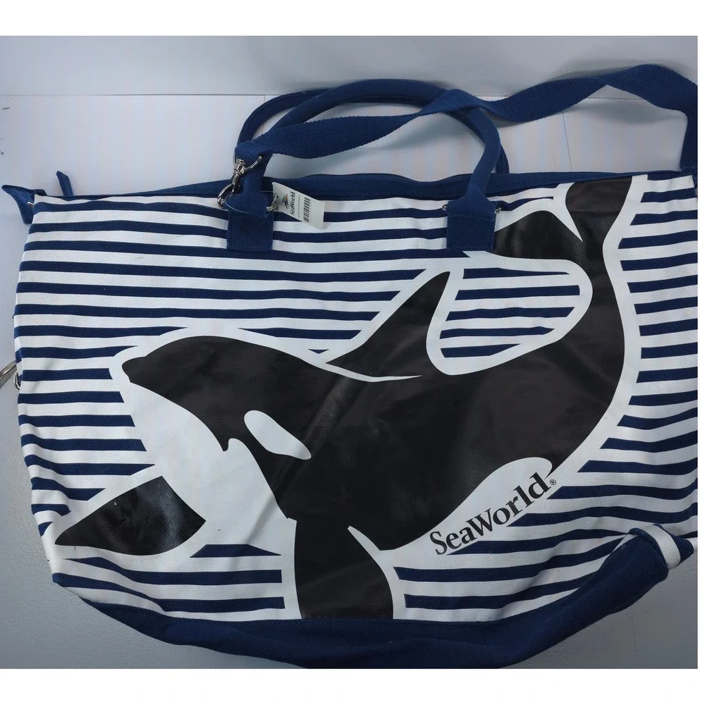 SeaWorld Orca Shamu Nautical Striped Canvas Duffle Bag Navy‎ White Travel Tote